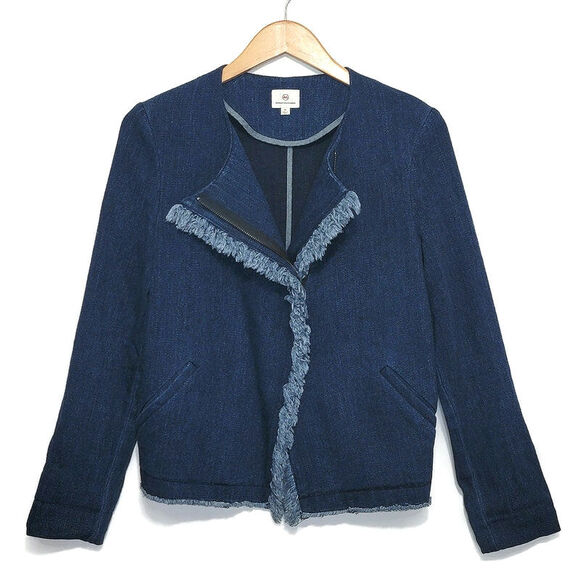 AG Adriano Goldschmied Blue Denim Zip Front Jacket Frayed Trim Casual Chic M - Picture 16 of 16
